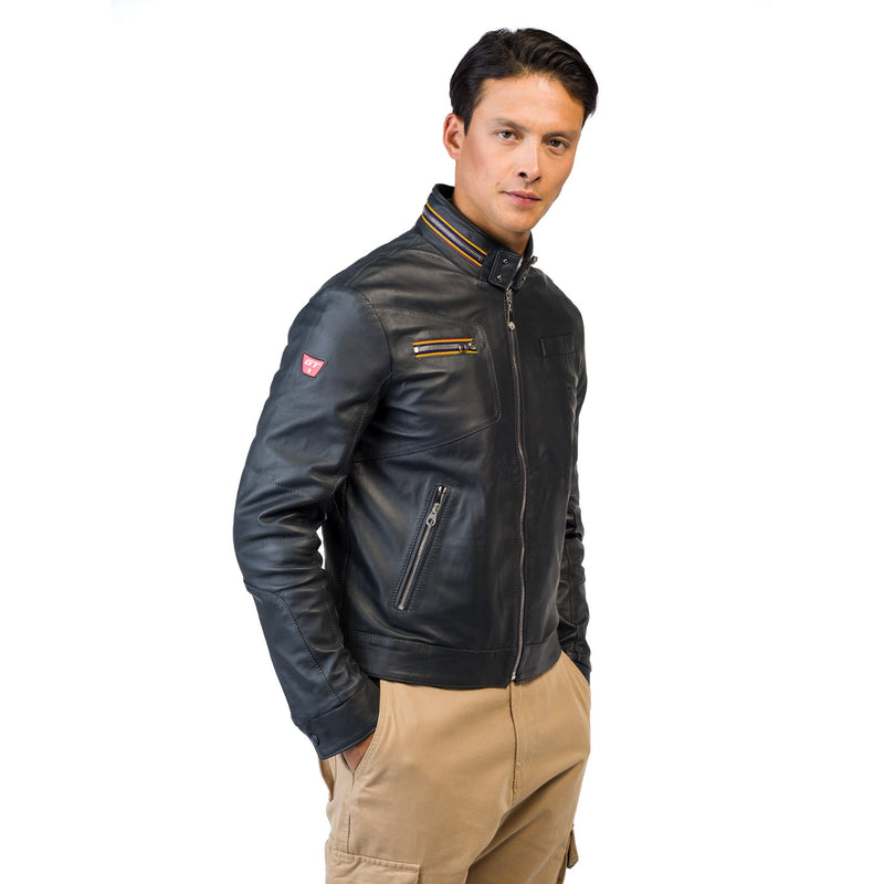 MEN'S CHARCOAL LEATHER PILOT-NECK JACKET