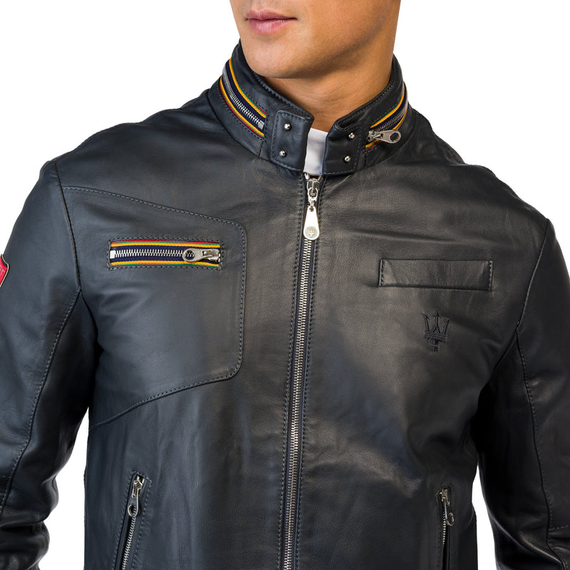 MEN'S CHARCOAL LEATHER PILOT-NECK JACKET