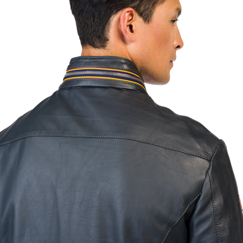 MEN'S CHARCOAL LEATHER PILOT-NECK JACKET